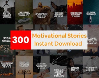Könnte beinhalten: Eine Collage aus motivierenden Zitaten und Bildern mit einem roten und weißen Banner, auf dem "300 Motivationsgeschichten Sofort-Download" steht. Die Zitate handeln vom Überwinden von Herausforderungen, dem Erreichen von Zielen und dem Finden von Erfolg. Die Bilder zeigen eine springende Person, einen Löwen, einen Hund, ein Auto, einen Basketballkorb und einen Sonnenuntergang.