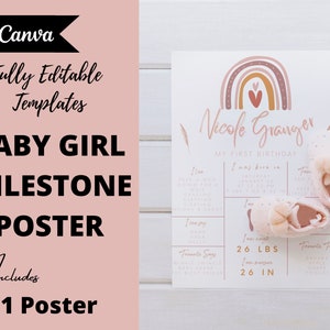 Lavagna per pietre miliari arcobaleno pastello Primo compleanno Bambina Arcobaleno Pietra miliare Cartello Pietra miliare 1° compleanno Poster Pietra miliare Ricordo per bambino, canva modificabile