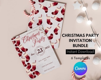 Könnte beinhalten: Ein Bundle mit Vorlagen für Weihnachtsfeier-Einladungen mit einem Muster aus roten und weißen Strümpfen. Der Text lautet "Christmas Party Invitation Bundle, Instant Download, 6 Templates, Canva".
