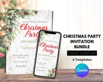 Weihnachten Party Einladung Bundle, Weihnachten Einladung, Weihnachtsessen einladen, Sofort Download, digital einladen, Weihnachten Geschenkanhänger, Canva