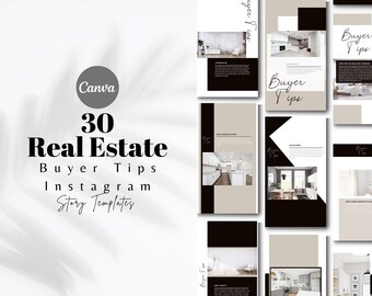 Könnte beinhalten: Ein Satz von 30 Instagram-Story-Vorlagen für Immobilienkäufer. Die Vorlagen zeichnen sich durch ein modernes Design mit schwarzen und beigen Hintergründen und Bildern von Küchen aus. Der Text "Käufertipps" ist auf jeder Vorlage zu sehen.