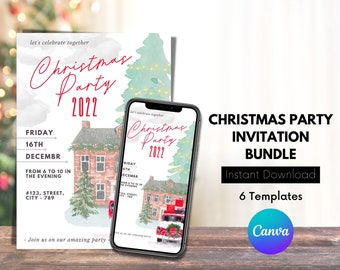 Könnte beinhalten: Ein digitales Download-Paket mit 6 Vorlagen für Weihnachtsfeier-Einladungen. Die Vorlagen zeigen eine Aquarell-Illustration eines Hauses mit einem Weihnachtsbaum und einem roten Lastwagen. Der Text auf der Vorlage lautet "Christmas Party 2022" und enthält Details wie Datum, Uhrzeit und Ort der Party. Der Text "Sofort-Download" und "Canva" ist ebenfalls auf dem Bild zu sehen.