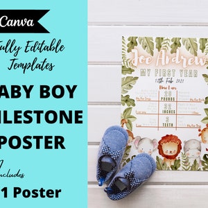 Tabellone modificabile Canva per le pietre miliari del bambino, cartello per il primo compleanno con download immediato, poster per le pietre miliari Wild One, compleanno in safari, bambino di un anno