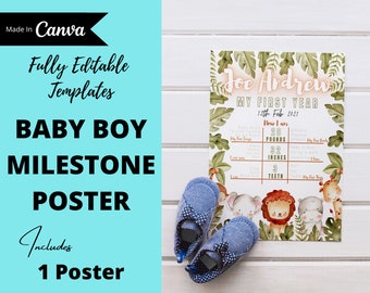 Canva editable Baby Milestone Board, First Birthday Sign Instant Download, Wild One Milestone Poster, Safari Birthday , One Year Old