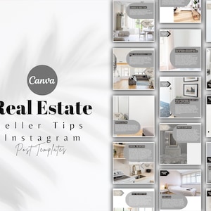 May include: A set of 12 Instagram post templates for real estate sellers. The templates feature a grey and white colour scheme with images of various rooms in a house. Each template includes a text box for tips on selling a home.