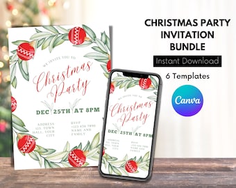 Könnte beinhalten: Ein Satz von sechs Weihnachtsfeier-Einladungsvorlagen mit einem Kranz aus grünen Blättern und roten Kugeln. Der Text "We invite you to Christmas Party" ist in roter Kursivschrift geschrieben. Die Vorlagen sind für die Verwendung mit Canva konzipiert.