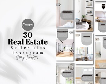 Könnte beinhalten: Ein Satz von 30 Instagram-Story-Vorlagen für Immobilienverkäufer. Die Vorlagen haben einen weißen Hintergrund mit grauen Akzenten und Text, der "30 Immobilienverkäufer-Tipps Instagram-Story-Vorlagen" lautet.