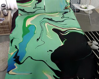 Artistic bedding cover, fluid art bed, green bed set, black bedding cover, fluid paint bed design, green home decor, beautiful bright bed