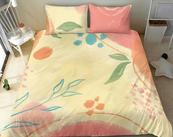 Cute bedding set duvet cover on yellow background, peach, pink and blue floral geometrical pattern, yellow bedding set cover, floral bed set