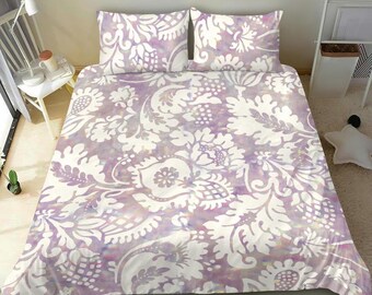 Purple and White bedding set cover, Boho-chic ornamental bed cover, purple bed cover with white floral designs, Fancy purple bed cover