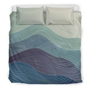 Blue Japanese Wave Bedding Set – Abstract Horizon Duvet Cover, Seigaiha Pattern, Modern Zen Bedroom Decor, Indigo & Teal, Queen/King