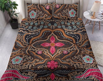 Traditionnal Batik bedding set cover, black bedding cover with ornamental brown and pink design, mandala bed cover, queen bed, king bed