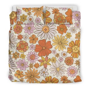 Retro 70s Flower Power Bedding Set – Orange Yellow Groovy Floral Duvet Cover, Hippie Boho Bedroom Decor, Vintage Daisy Bed Set