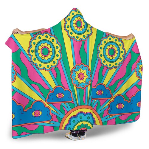70's style hoodie blanket, psychedelic sunny trow, colorful hoodie blanket, pink, yellow and blue floral blanket, colorful hoodie shops blanket