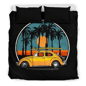 Retro California Car Bedding Set – Black Duvet Cover with Vintage Beetle, Surfboard, Palm Trees & Sunset, Cool Summer Bedroom Decor