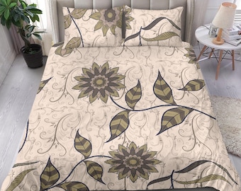 Beige Batik bedding set cover, beige floral bed set cuver, oriental bed set, boho-chic duvet cover, fancy duvet cover, elegant bed set