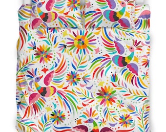 Pretty colorful Mexican  bed set, pink purple yellow and blue floral and bird ornamental designer pattern, white bedding set
