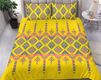 Yellow bedding set, yellow boho set, pink ornamental bed, bright yellow duvet cover, colourful bedding cover