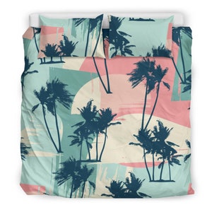 Blue and Pink Exotic Tropical bedding set cover, colorful artistic palm tree pattern, tropical bed set cover, summer vibes bed