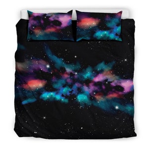 Colorful Galaxy Bedding Set – Aurora Night Sky Duvet Cover, Black Star Bed Set, Pink Blue Purple Space Decor, Modern Cosmic Bedroom