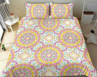 Happy Orange and Pink Mandala Bedding set, nice geometric blue and pink mandala style, sweet sleep