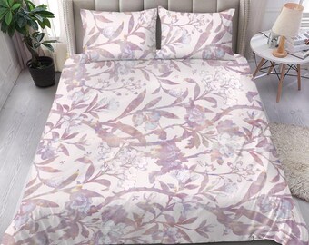 Pretty white bedding set cover with purple ornamental vines, White and purple boho-chic bed cover, Fancy white bed cover, interior design