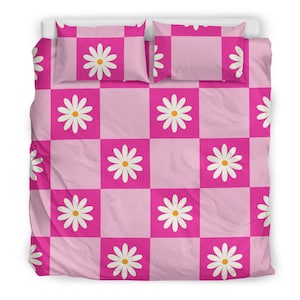 Pink Checkered Daisy Bedding Set – Cute Flower Duvet Cover, Girly Retro Room Decor, Modern Pastel Bed Set, Kids Teen Queen King Bedding