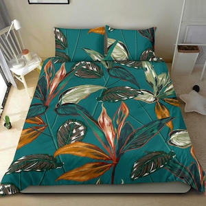 Blue bedding set cover, tropical leafs bed set, boho-chic home decor, tropical bedroom decor, deep blue bed, oriental bed set cover