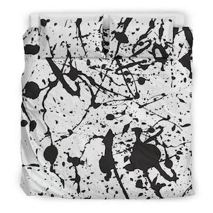 Black and White Paint Splash Bedding Set – Artistic Abstract Duvet Cover, Modern Grunge Bedroom Decor, Unique Artsy Bed Set, Queen/King