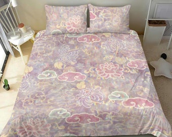 Vintage Boho-Chic bedding set cover, Purple bed cover with clouds and floral designs, yellow blue pink and purple bed cover, bohemian bed