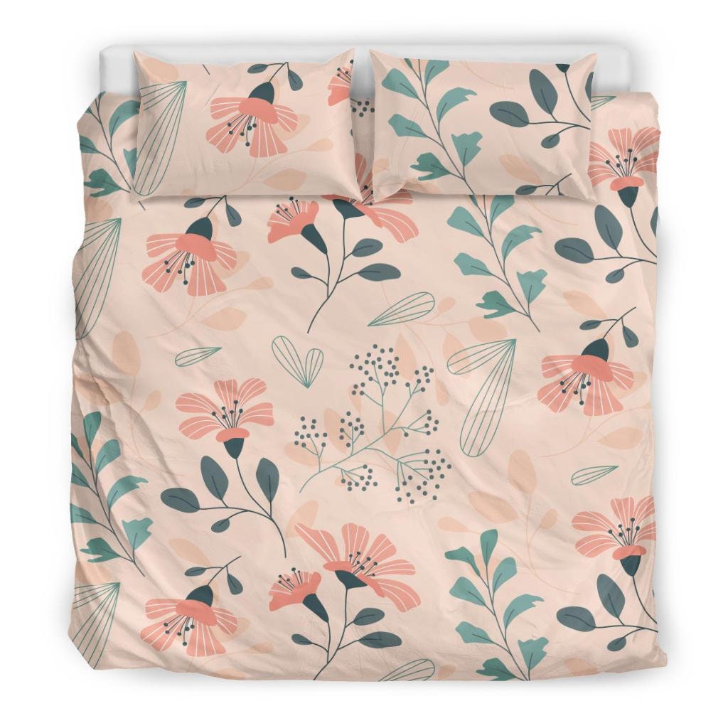 Pink Floral Bedding Set – Peach & Green Vine Duvet Cover, Soft Pastel Girly Bedroom Decor, Includes Pillowcases, Queen/King Sizes