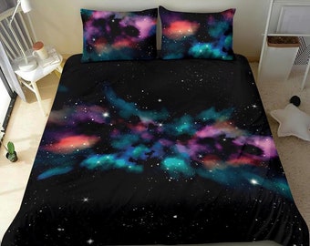 Amazing Colorful Galaxy bedding set cover, black night sky with stars and pink blue purple aurora borealis galaxy for the sweetest dreams