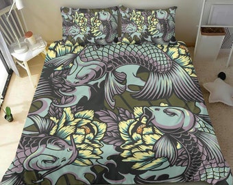 Luxurious Metallic Japanese Koi Fish  brushed polyester fabric Bedding set duvet cover, cozy lightweight premium materials