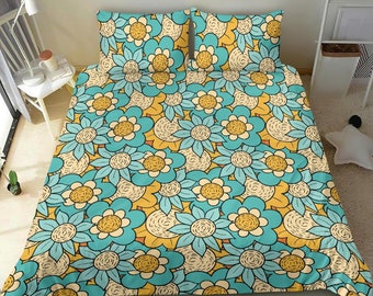 Old School 70's Blue and Yellow Hippie Flower field duvet cover, bed set for happy sunny morning