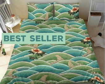 Green and Blue Japanese Oriental bedding set with linear patterns and white Sakura flowers