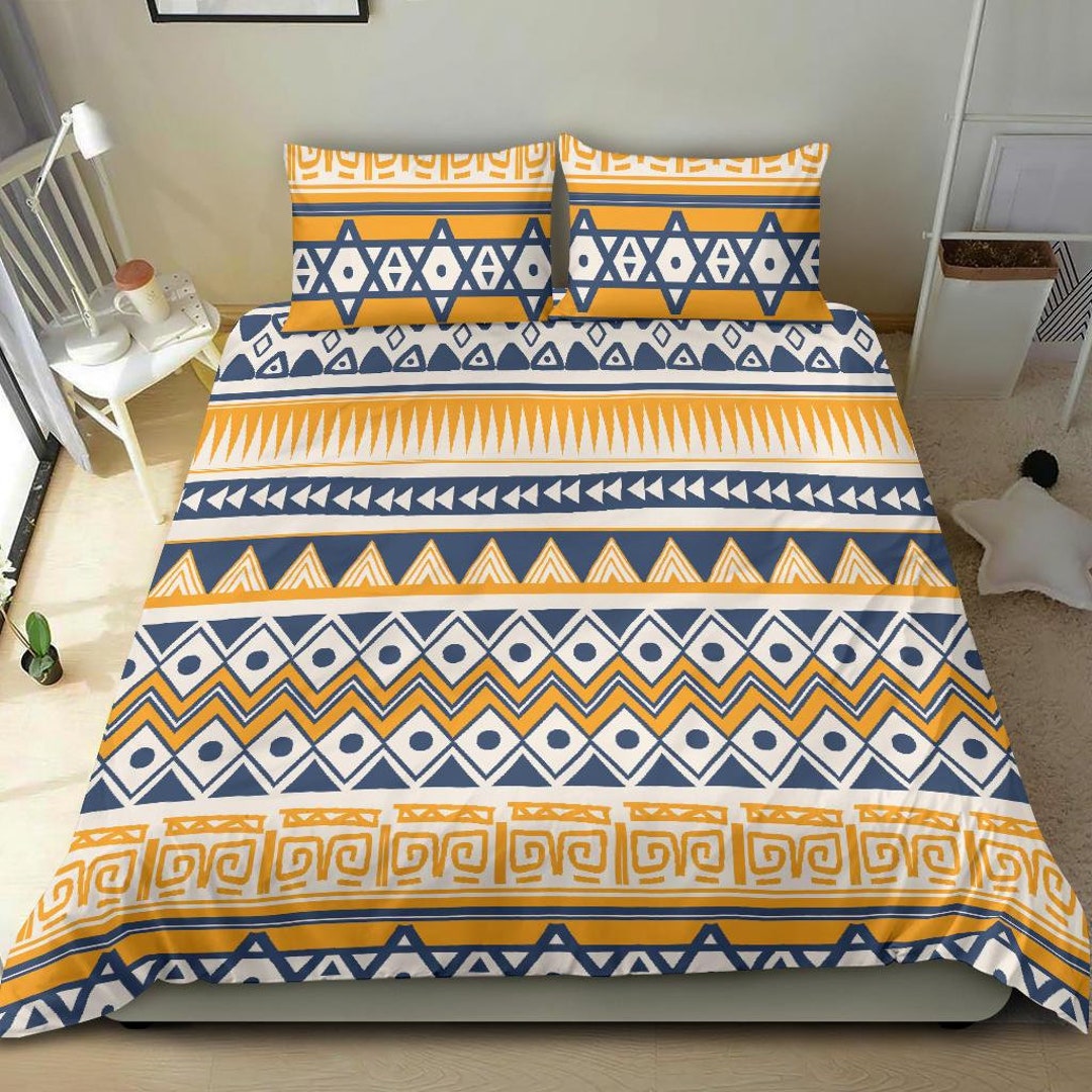 Yellow and Blue Bedding Set Cover Tribal Symbols and Pattern Etsy