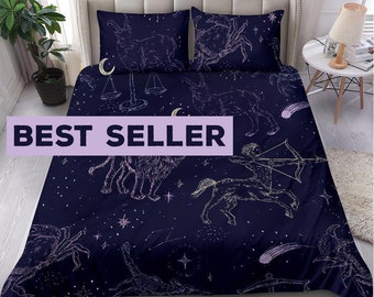 Zodiac Signs bedding set cover, Night Sky bed set duvet cover, astrology bed, light purple and yellow design on dark purple blue bed