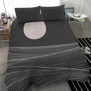 Black contemporary bedding set cover, landscape lines with shiny moon, grey and black bed set cover, perfect black bedroom decor