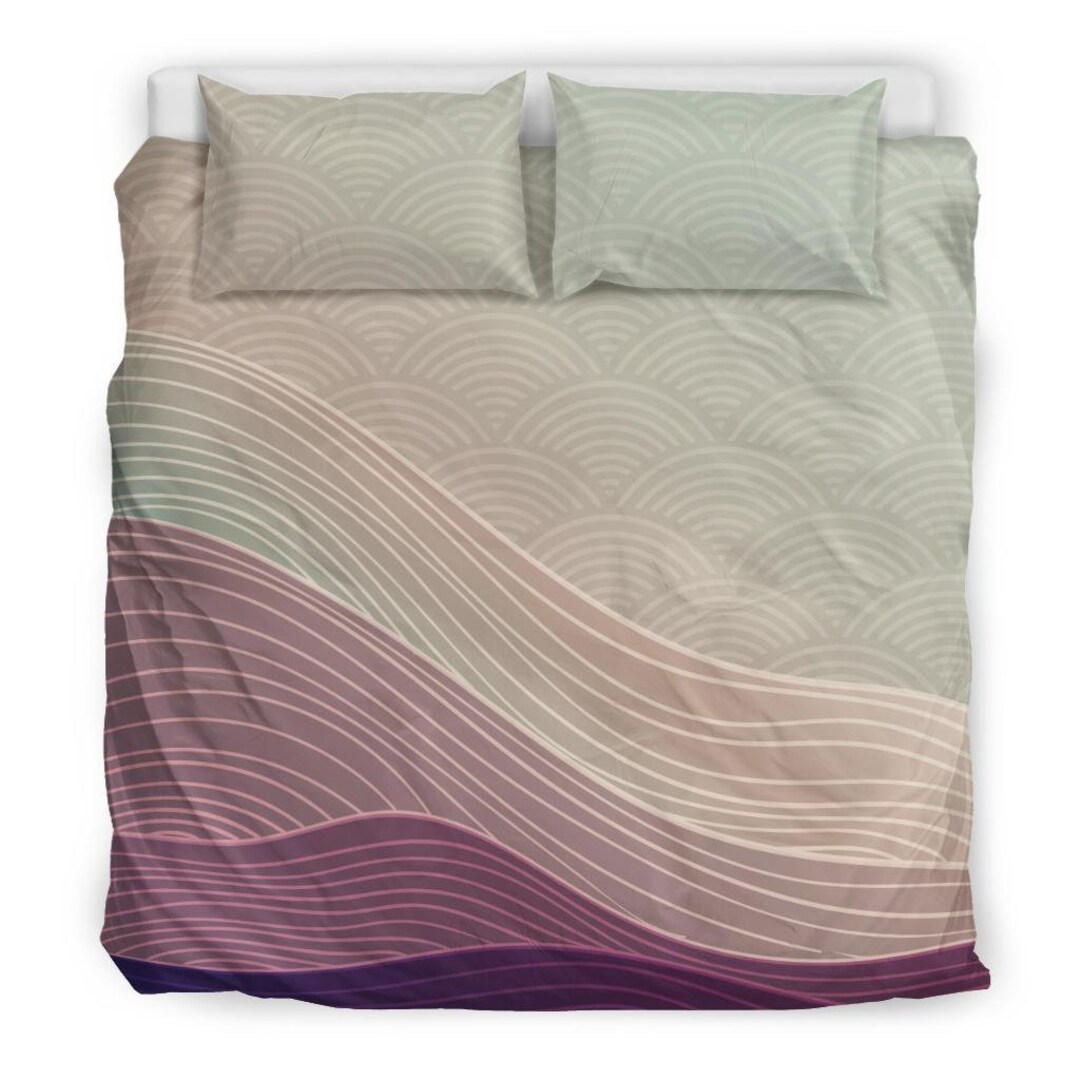Purple Beige Japanese Wave Bedding Set – Seigaiha Duvet Cover, Modern ...