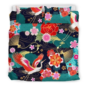 Colorful Japanese Crane Bedding Set – Floral Oriental Duvet Cover, Bold Red Blue Pink Flowers, Modern Asian Decor, Queen King Bedding
