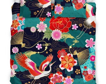 Rapport Home Crane Birds Copripiumino King Size 230x220 - Microfibra Double Face 180 Fili - Set Con 2 Federe - Colore Ocra