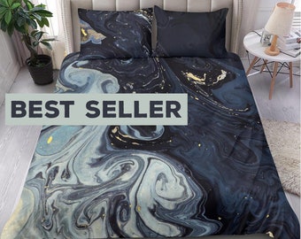 Abstract blue and gold fluid Artistic bedding set design for the sweetest dreams, dark blue and soft blue with golden bed set duvet cover