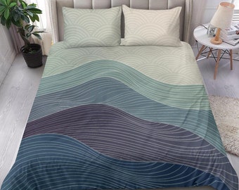 Japanese Wave Bedding Set: Blue Purple Abstract Duvet Cover