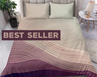 Purple and Beige Japanese Style Background Lines and Waves Pattern Bedding set, comes with two pillow cases