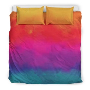 Vibrant Rainbow Tie Dye Bedding Set – Colorful Ombre Duvet Cover with Orange Pillowcases, Boho Bedroom Decor, Queen King Twin Sizes