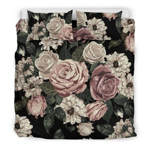 Vintage Rose Floral Bedding Set – Romantic Black Duvet Cover, Luxurious Soft Polyester, Boho Botanical Bedroom Decor, Queen/King