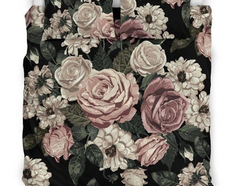 Vintage Rose Floral Bedding Set – Romantic Black Duvet Cover, Luxurious Soft Polyester, Boho Botanical Bedroom Decor, Queen/King