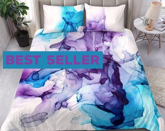 ART MEETS BEDDINGS with Artsy Purple and Blue Alcohol Ink, polyester Bed set duvet cover