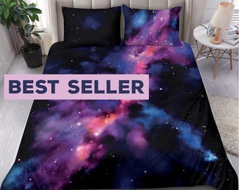 Pink Galaxy bedding set duvet cover, Purple blue and pink Aurora Borealis in dark Black sky, tie dye bed set cover, bright stars beddings