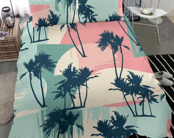 Blue and Pink Exotic Tropical bedding set cover, colorful artistic palm tree pattern, tropical bed set cover, summer vibes bed